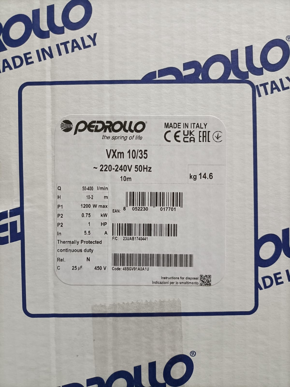 PEDROLLO VXm 10/35-N submersible electric pump for drainage of cesspools and sewage 10 METERS CABLE