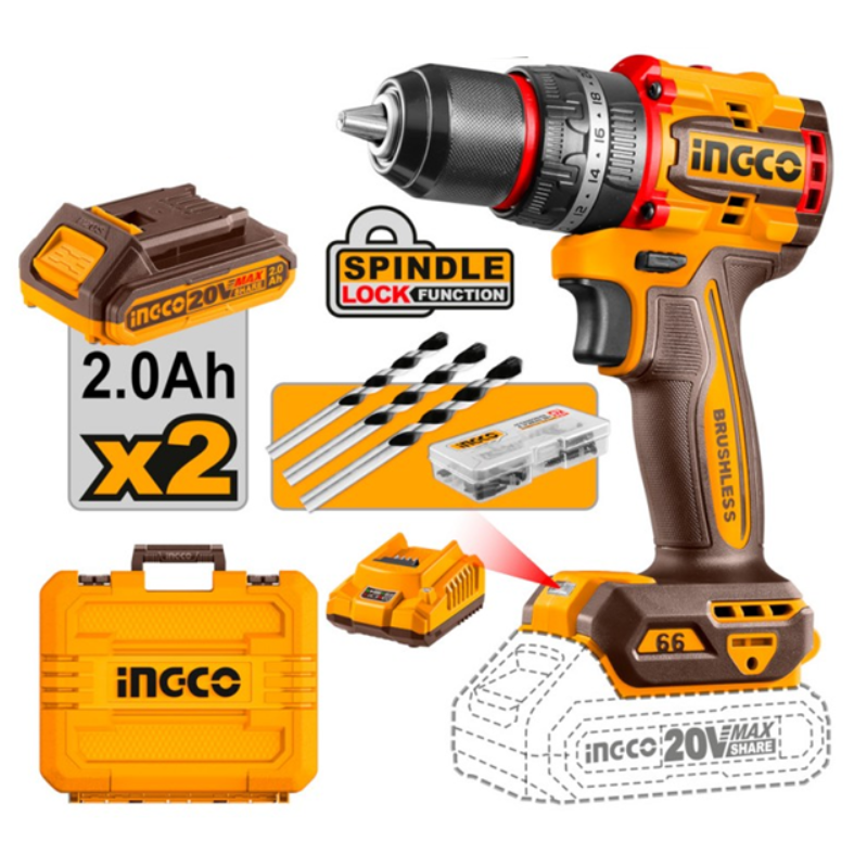 INGCO Trapano a percussione Brushless 66Nm con 2 Batterie 2Ah + Valigetta – CIDLI20668E