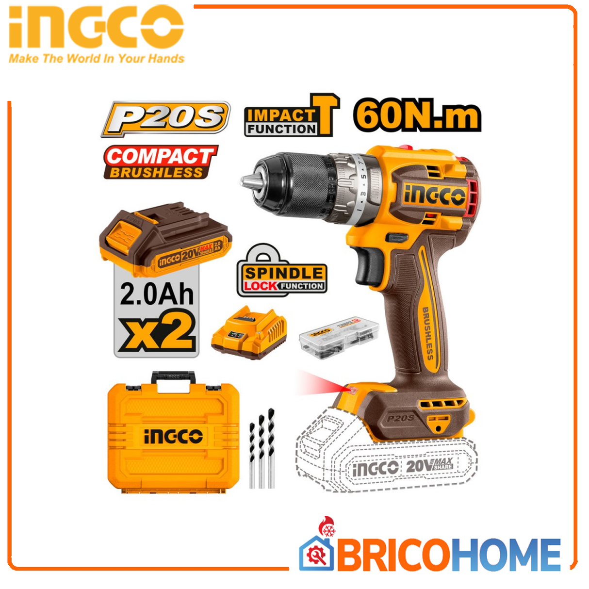 INGCO Trapano Avvitatore COMPACT con percussione 20V 60Nm BRUSHLESS con 2 batterie 2Ah
