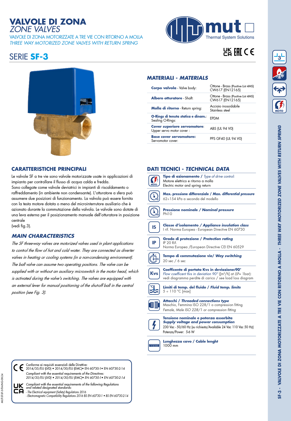 MUT Valvola di zona a 3 vie motorizzata con micro e ritorno a molla per circuiti idraulici - SF-3