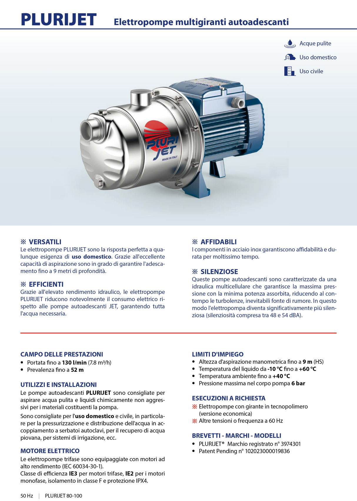 Pedrollo Elettropompa multigirante autoadescante PLURIJETm 3/100 0.75 HP silenziosa