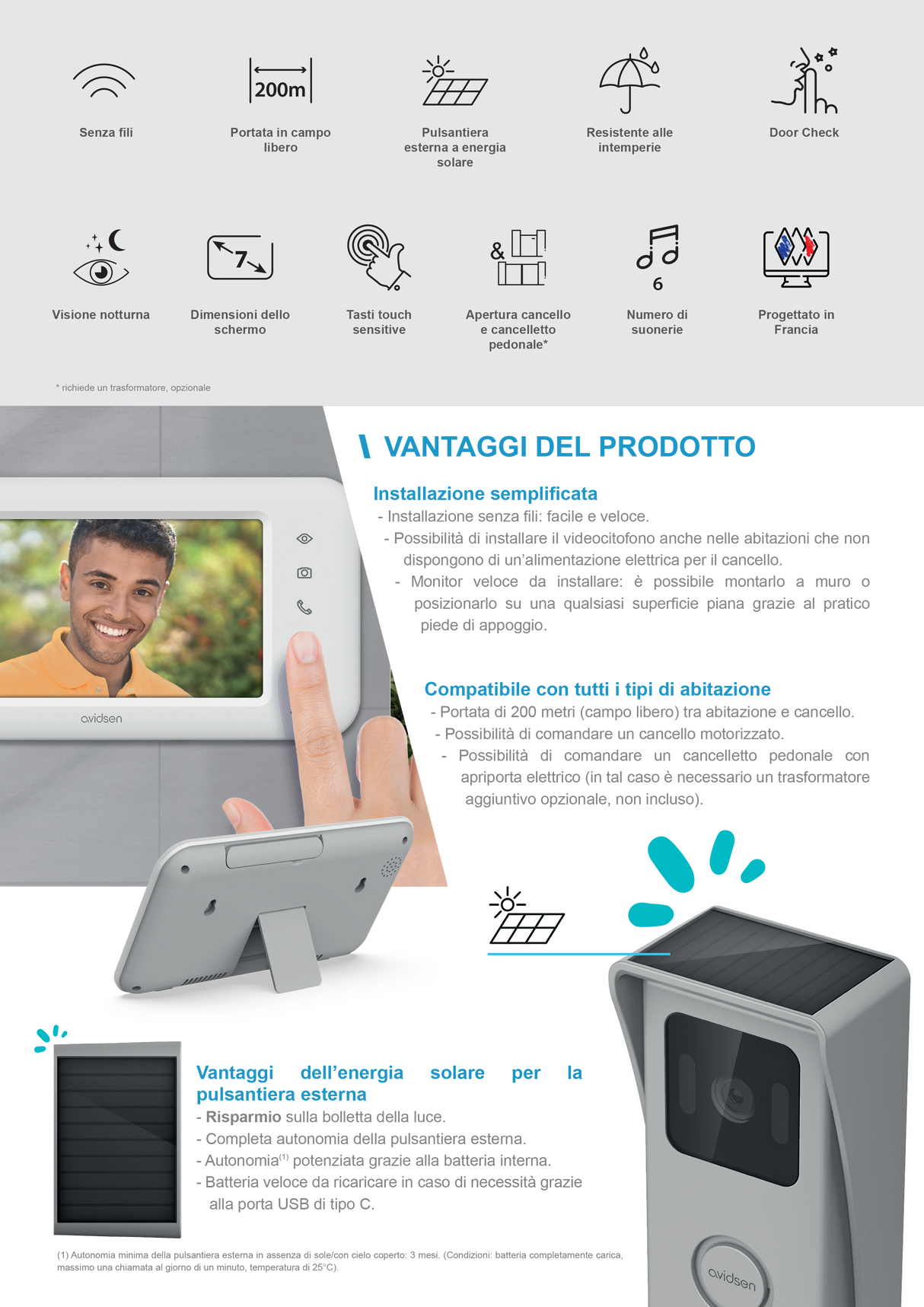 Videocitofono Wi-Fi Autoalimentato con Pannello Solare Monofamiliare 7'' Elia Solar Wave