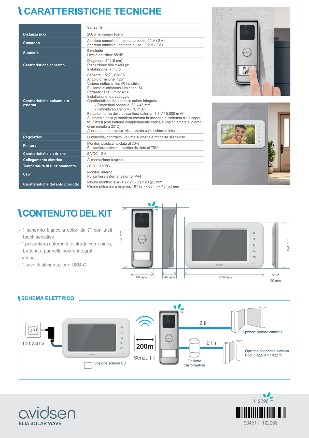 Videocitofono Wi-Fi Autoalimentato con Pannello Solare Monofamiliare 7'' Elia Solar Wave