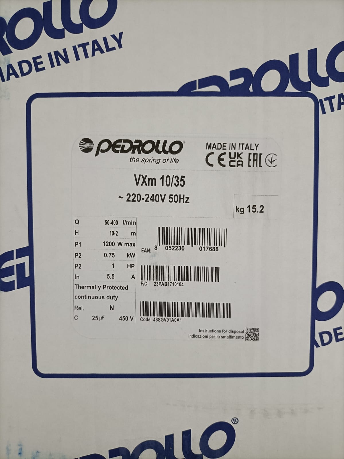 PEDROLLO VXm 10/35-N submersible electric pump for drainage of cesspools and sewage 5 METERS CABLE