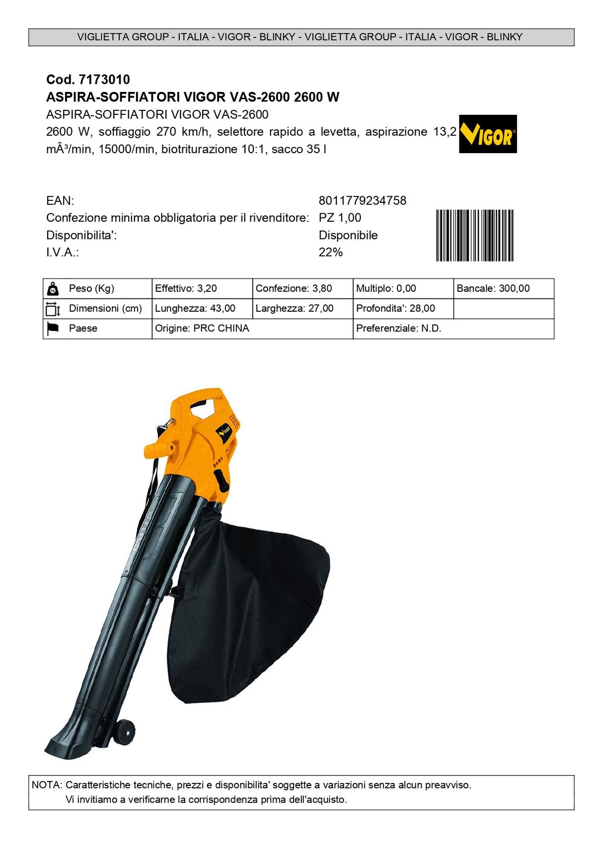 Vigor blower/vacuum VAS-2400 electric