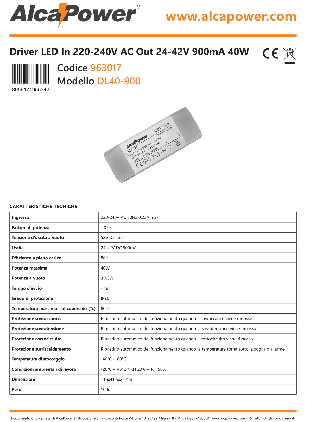 Alimentatore Driver per pannelli LED 220-240V Out 24-42V 900mA DC 40W