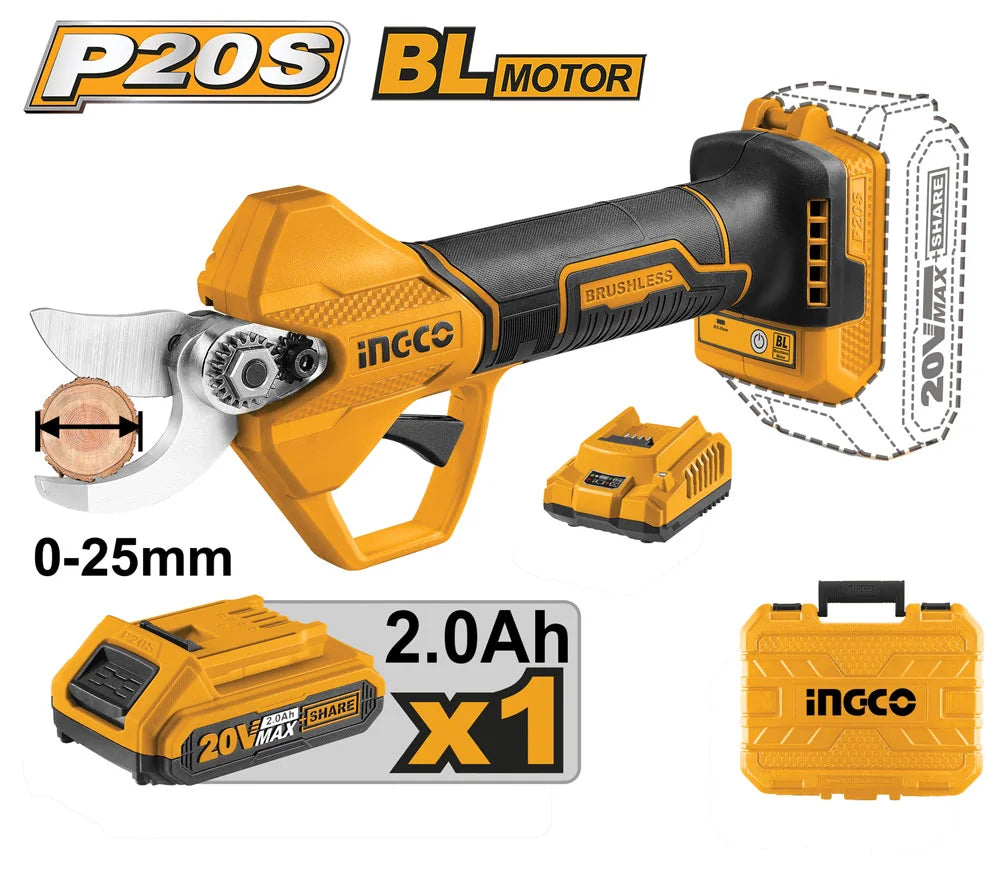 Forbici da pota a batteria 20V con batteria e carica batteria - taglio Ø25 - INGCO