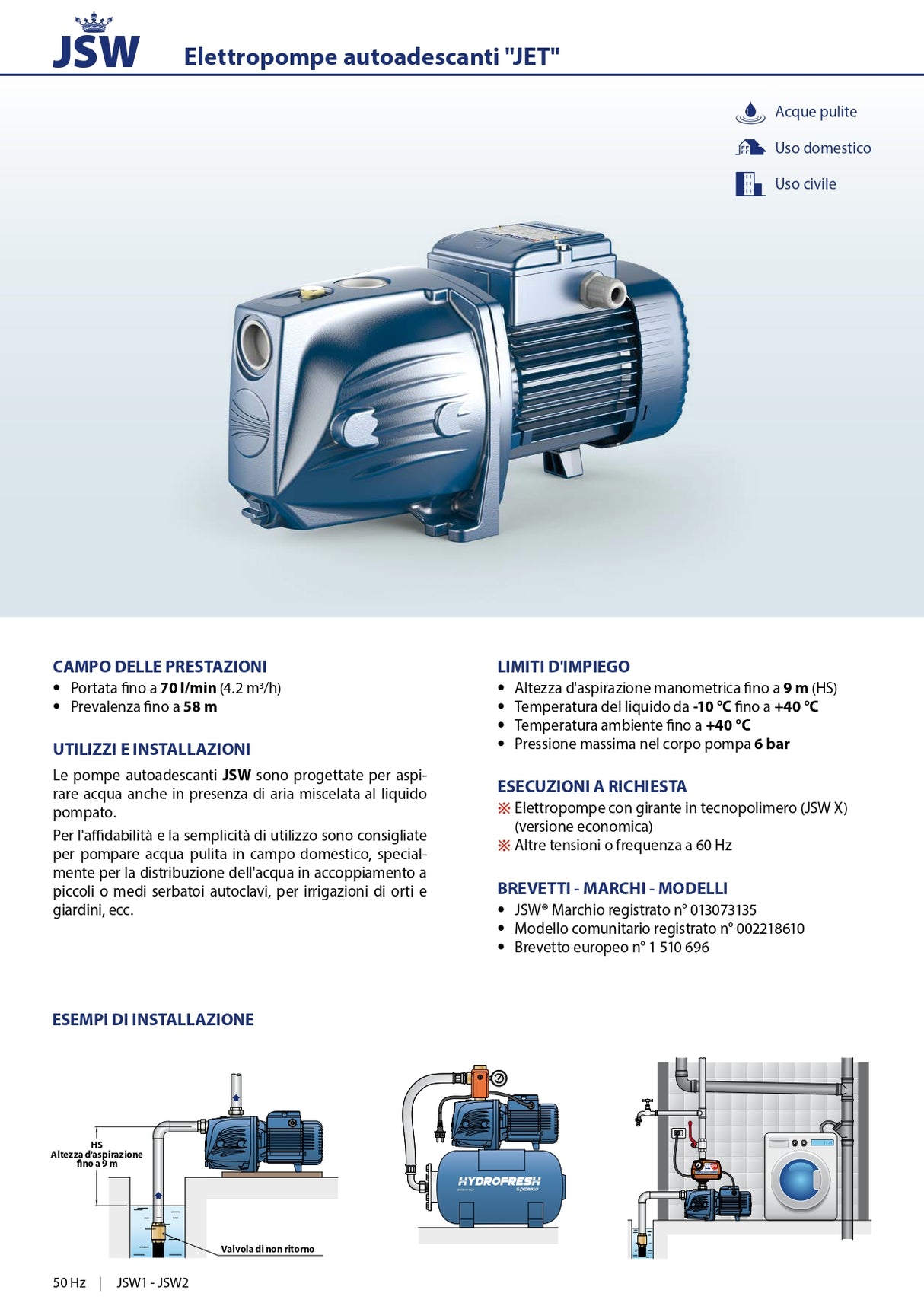 Elettropompa autoadescante PEDROLLO JSWm 2A con Girante Acciaio Inox AISI 304
