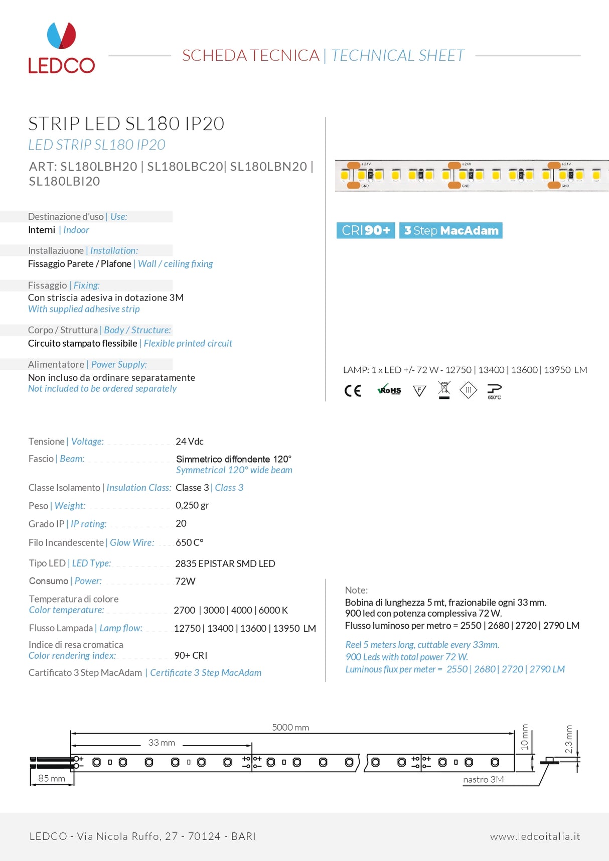 Strip Led SL180LBN20 5 metri 72W 4000K° - LEDCO