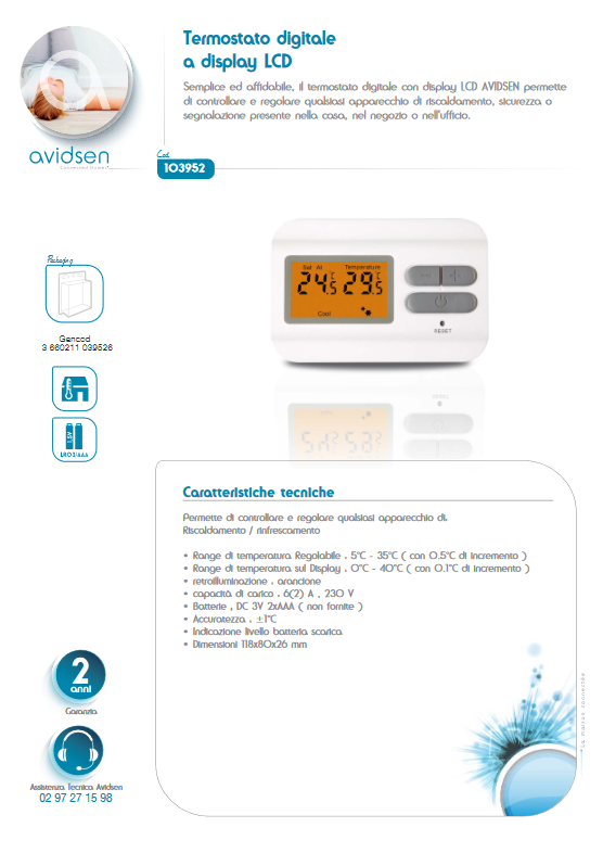 Termostato digitale a display LCD AVIDSEN