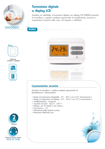 Termostato a PARETE Display LCD alimentazione c/batteria AVIDSEN 103952