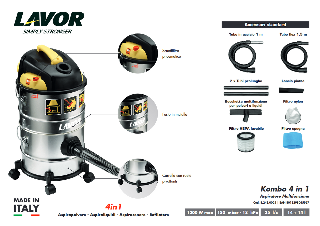 Aspirapolvere - Aspiracenere - Aspiraliquidi LAVOR Ashley Kombo 1200W (4 in 1)