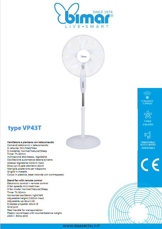 Bimar Ventilatore elettronico a piantana 40cm con telecomando VP43T