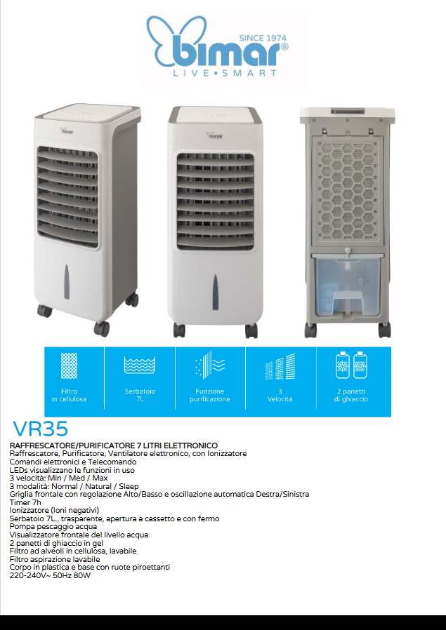 Raffrescatore / Purificatore d'aria elettronico con serbatoio 7 LT - Bimar