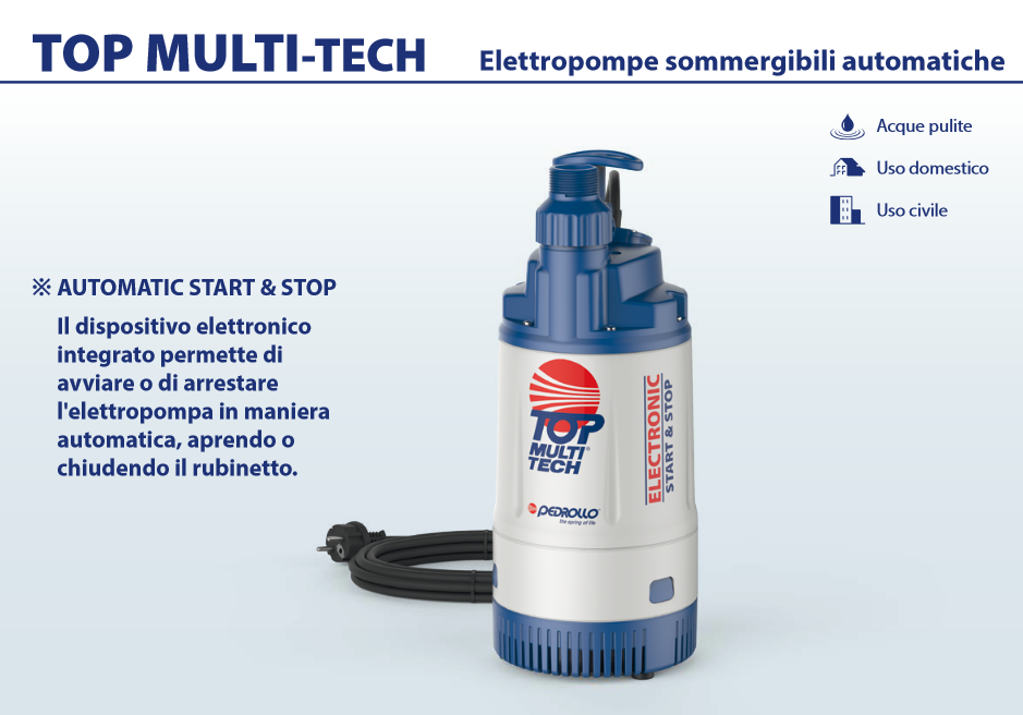 PEDROLLO TOP MULTI TECH 2 - 0.75HP automatic multi-impeller submersible electric pump