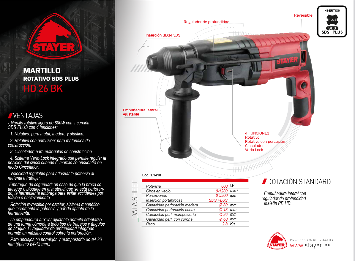 STAYER Martello Tassellatore SDS-Plus 800W 3 Funzioni - HD 26 BK