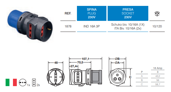 Rosi Adattatore spina CEE 2Bprese+schuko 10/16A
