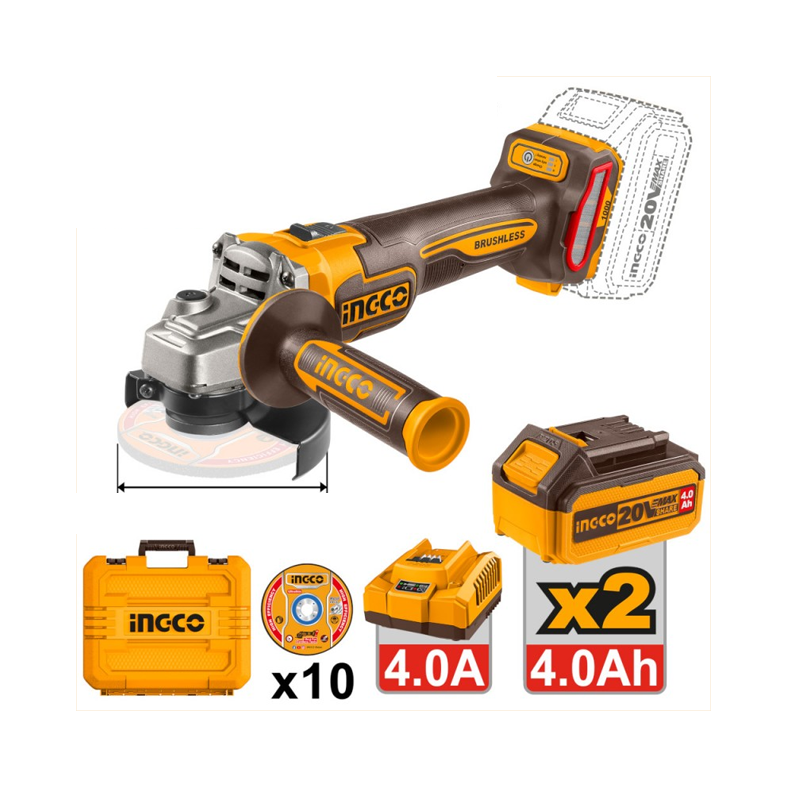 INGCO Smerigliatrice angolare brushless 115mm 20V 1000W con 2 batterie + 10 dischi in valigetta