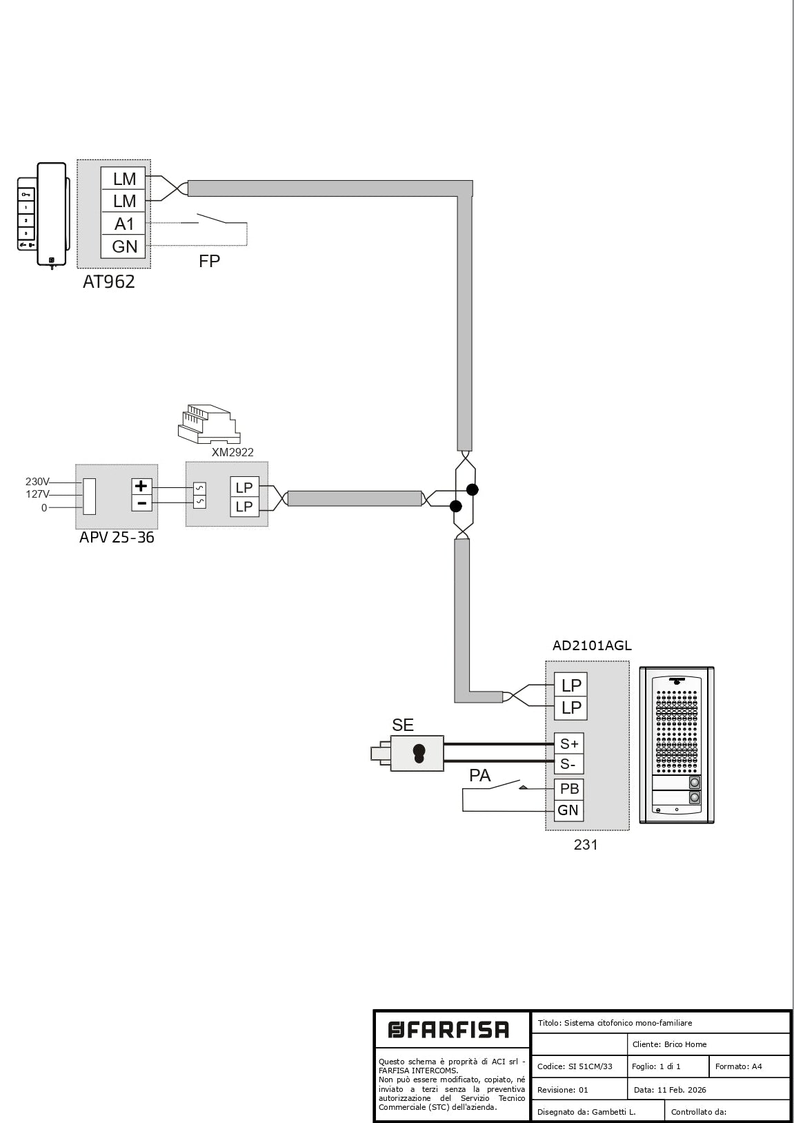 Farfisa Kit Citofonico DUO a 2 Fili Espandibile con Posto Esterno, Citofono Exhito, Driver XM2922 e Alimentatore