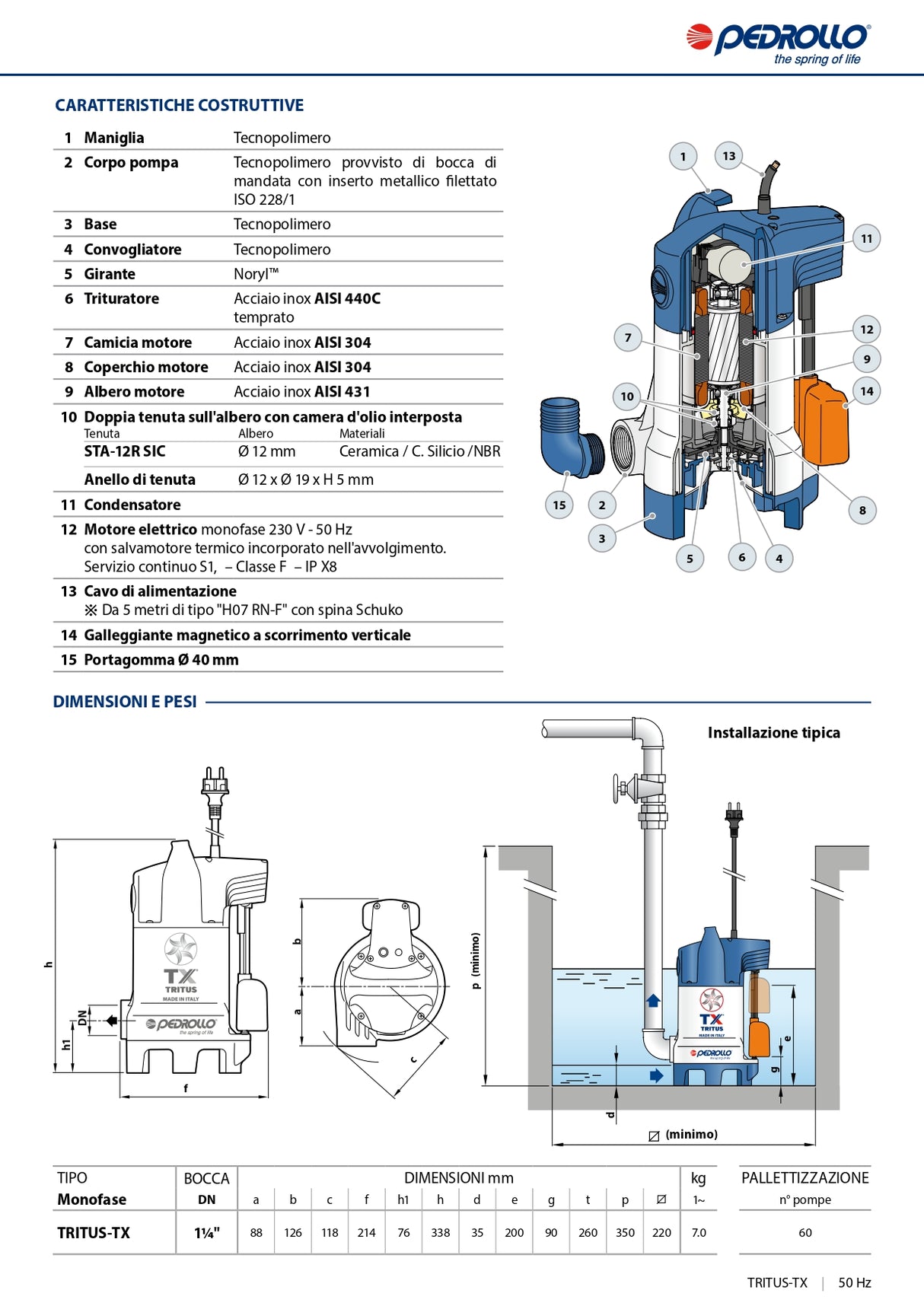 Pedrollo Elettropompa sommergibile con trituratore per acque cariche TRITUS-TX 0,75HP