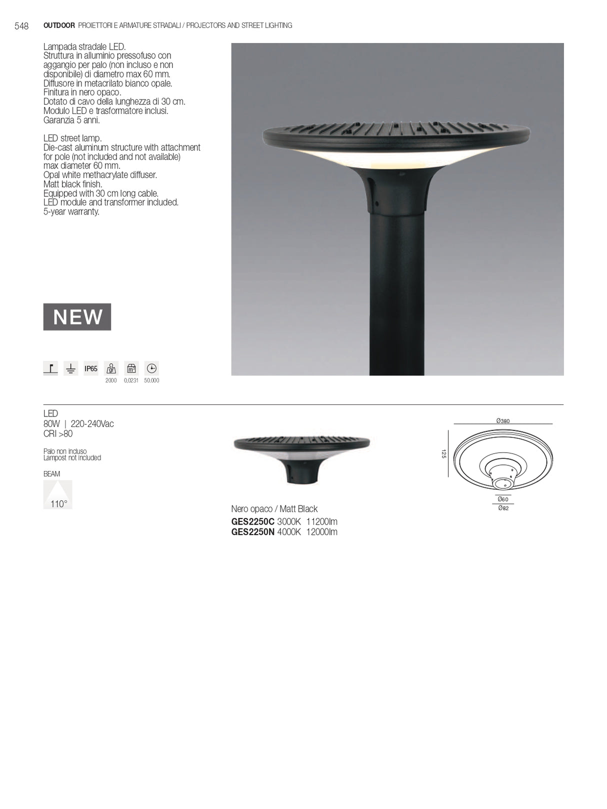 GEA LUCE Proiettore testapalo (lampione stradale) a LED 80W 220V AC - GES2250