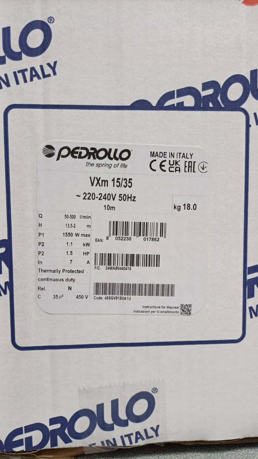 PEDROLLO VXm 10/35-N submersible electric pump for drainage of cesspools and sewage 10 METERS CABLE