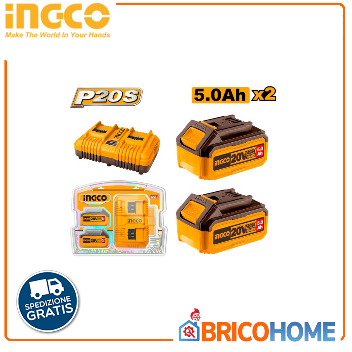 INGCO Kit starter 2 batterie da 5Ah + caricabatteria (FBLI2003+FCLI2034E)