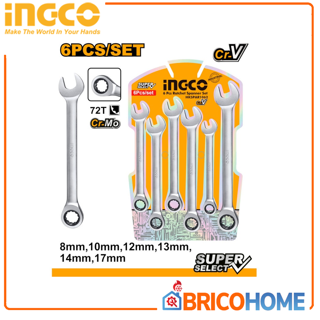 INGCO Set 6 Chiavi Combinate a Cricchetto | 8–17 mm | CR-V