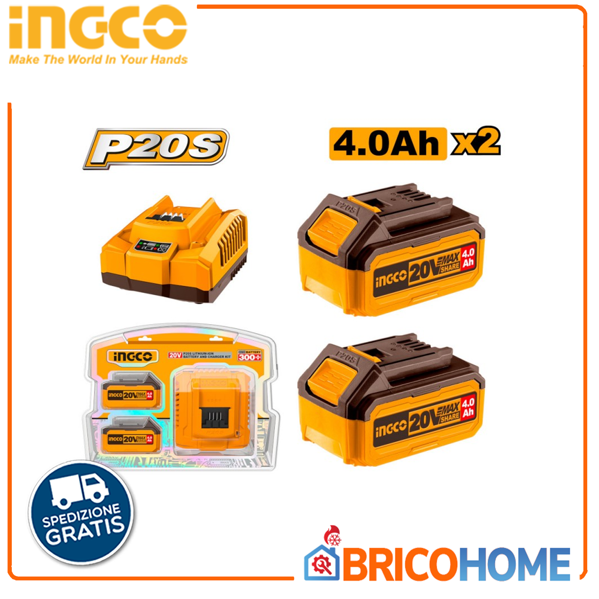 INGCO Kit starter 2 batterie da 4Ah + caricabatteria (FBLI2002+FCLI20411E)