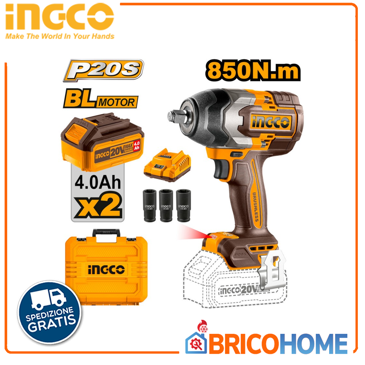 Schlagschrauber 1/2'' 850 Nm mit 2 20V 4Ah Batterien im Koffer - INGCO
