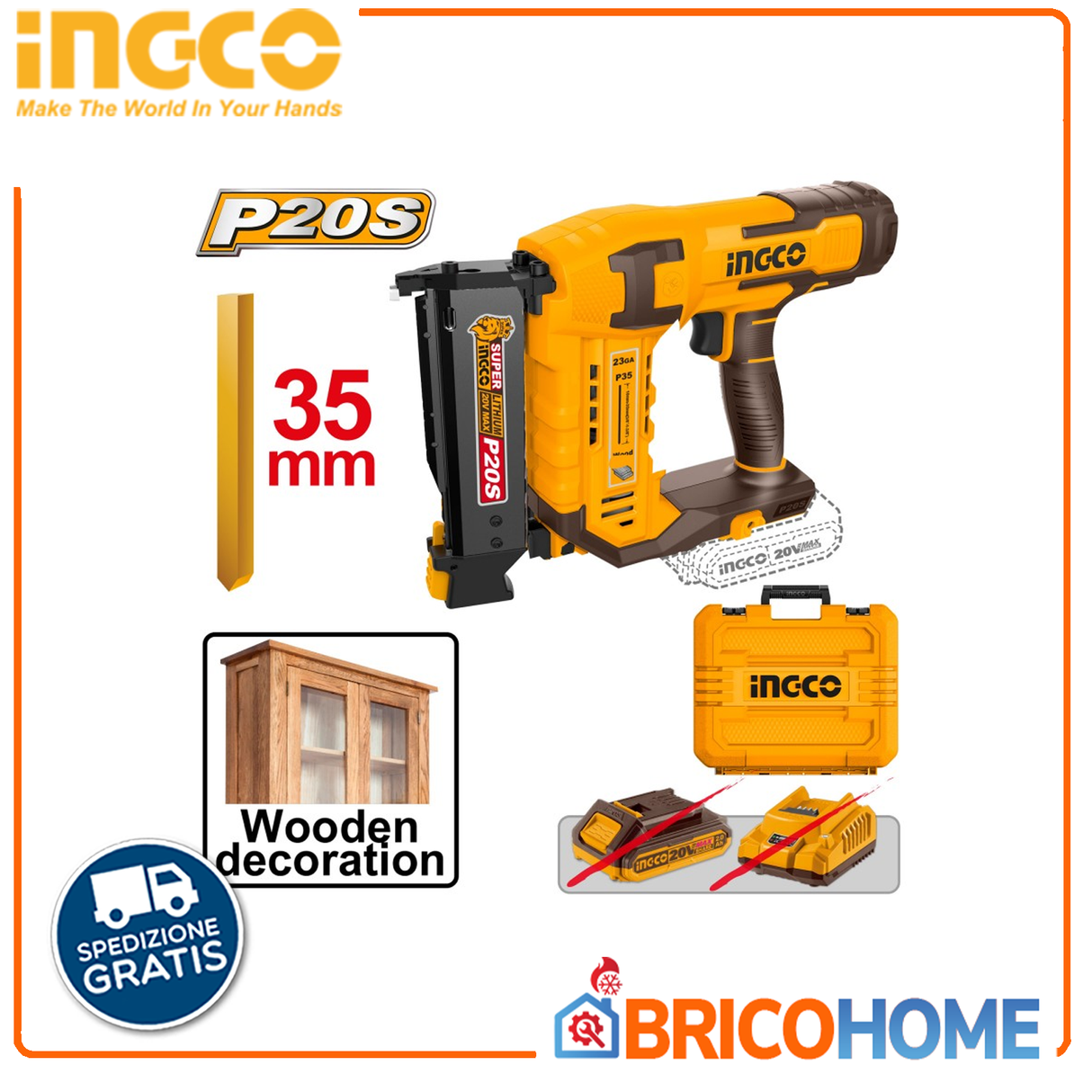 Chiodatrice a batteria per chiodi a spillo 10-35mm nuda ( solo corpo ) - Ingco