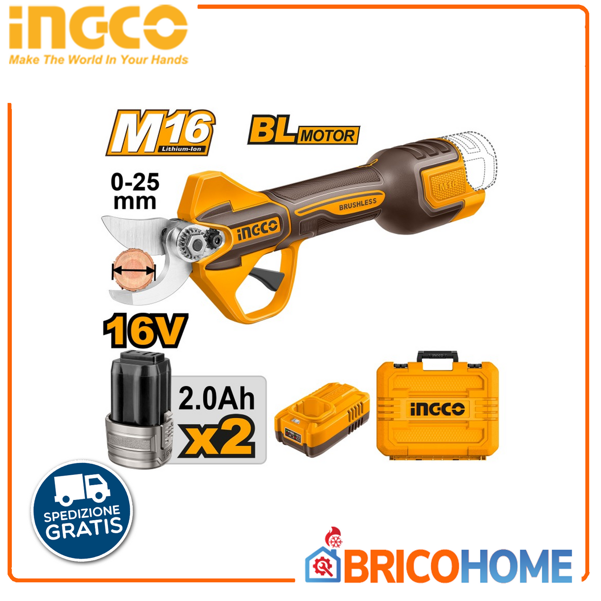 INGCO Forbici da pota a batteria 16V con batterie caricabatteria e valigetta - taglio Ø25mm
