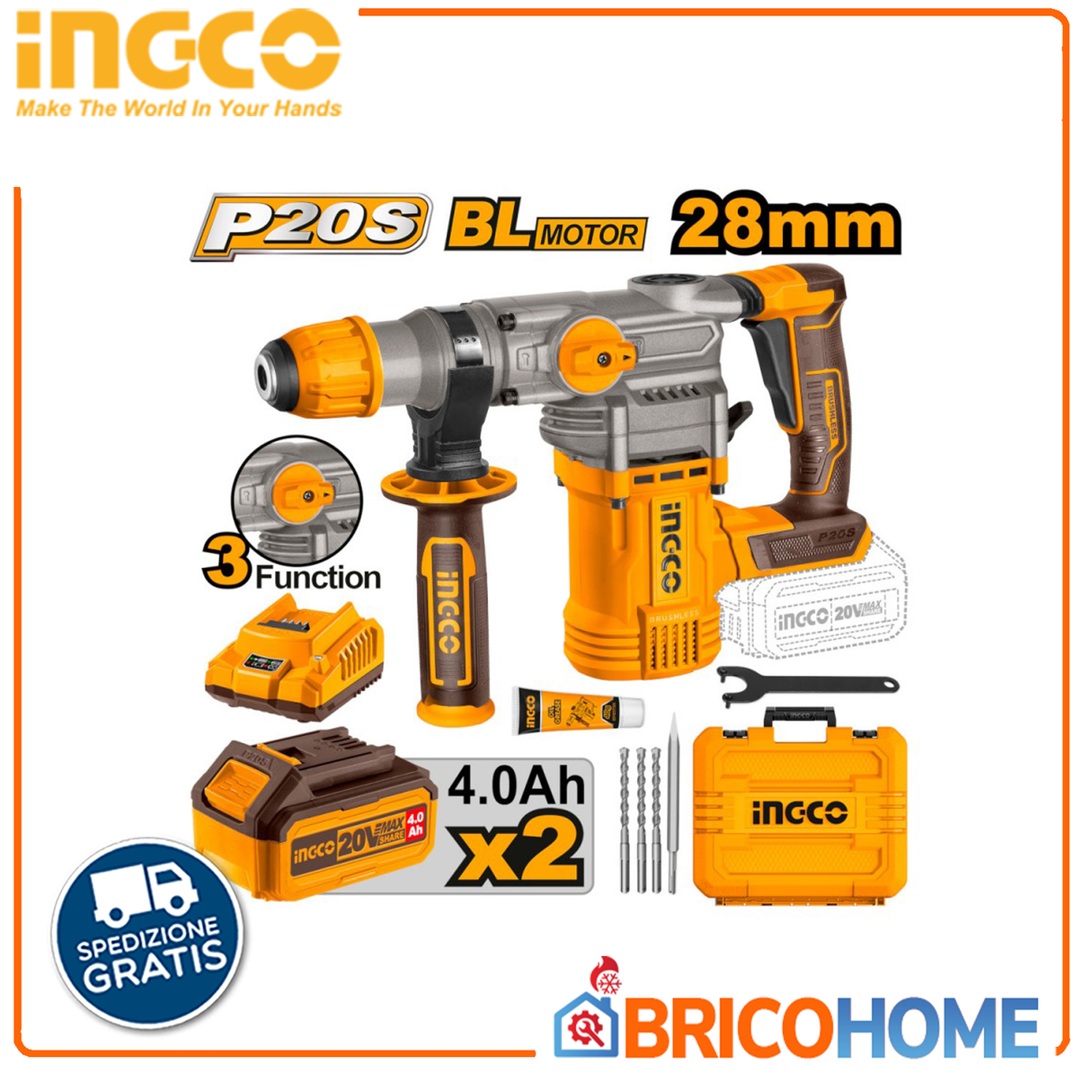 Martello demolitore 4,5J 20V BRUSHLESS con 2 batterie da 4Ah e caricabatteria in valigetta - INGCO