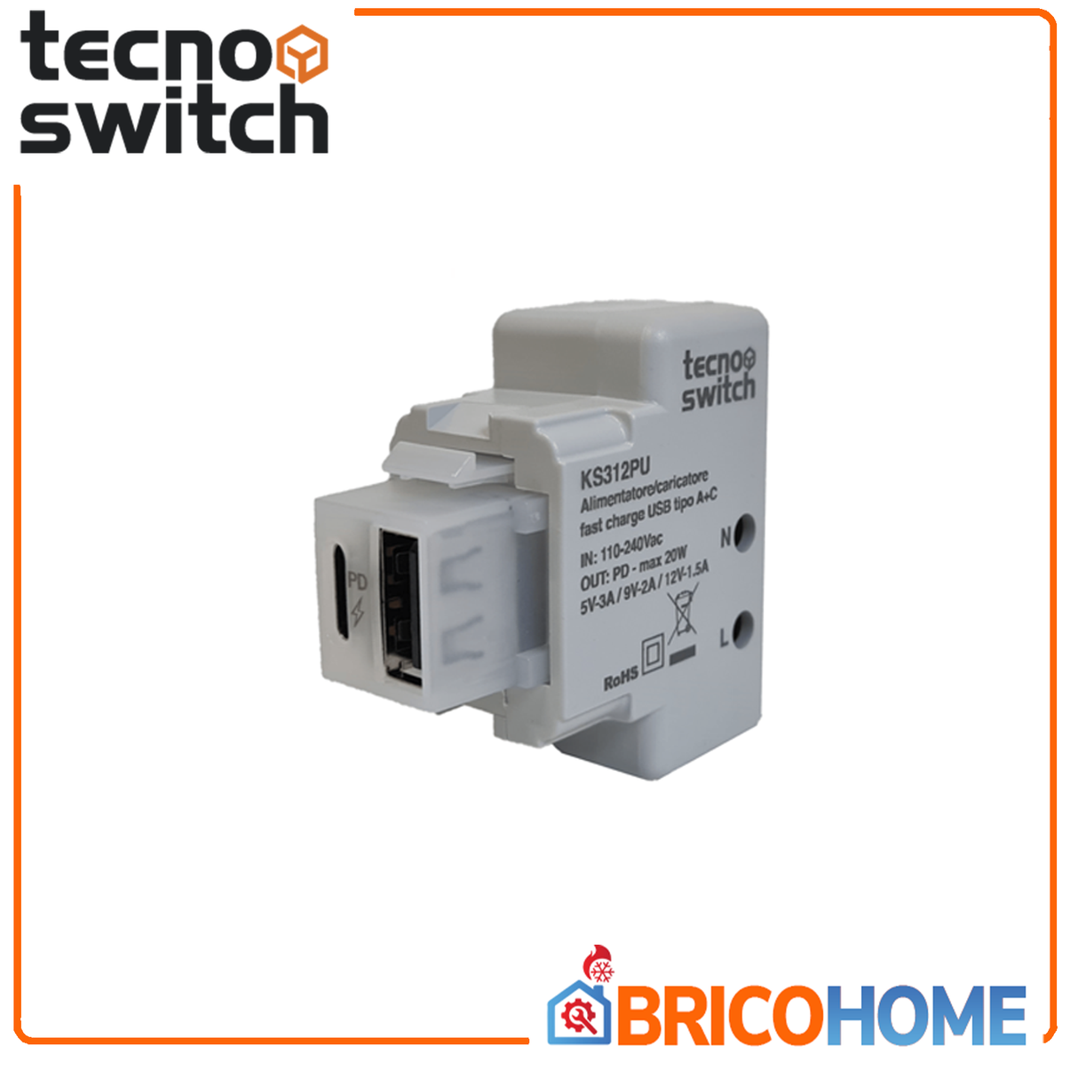 Tecno Switch alimentatore caricatore USB tipo A+C 20W 5V KS312PU Keystone