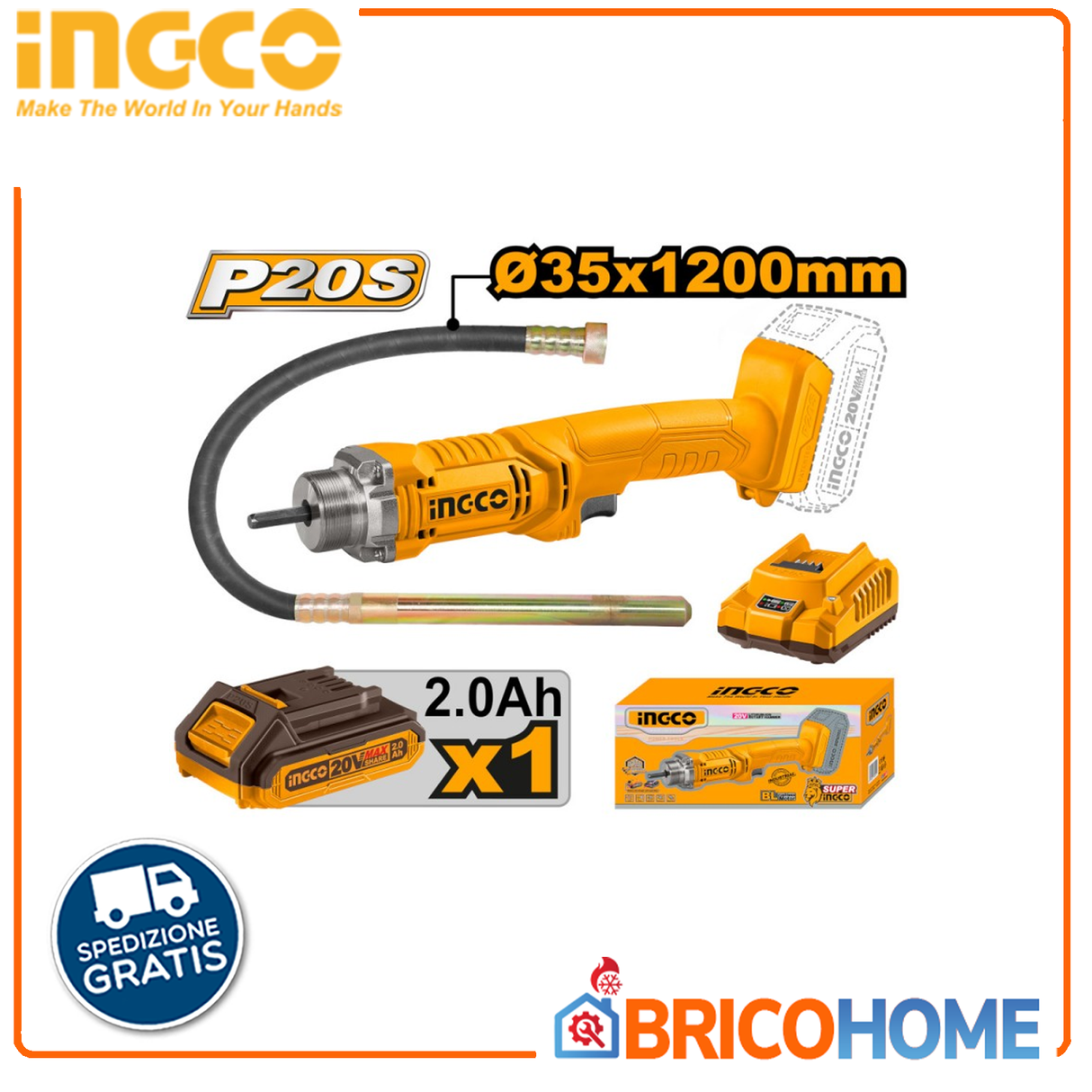 INGCO Vibratore per calcestruzzo a batteria 20v con 1 batteria 2Ah e caricabatteria