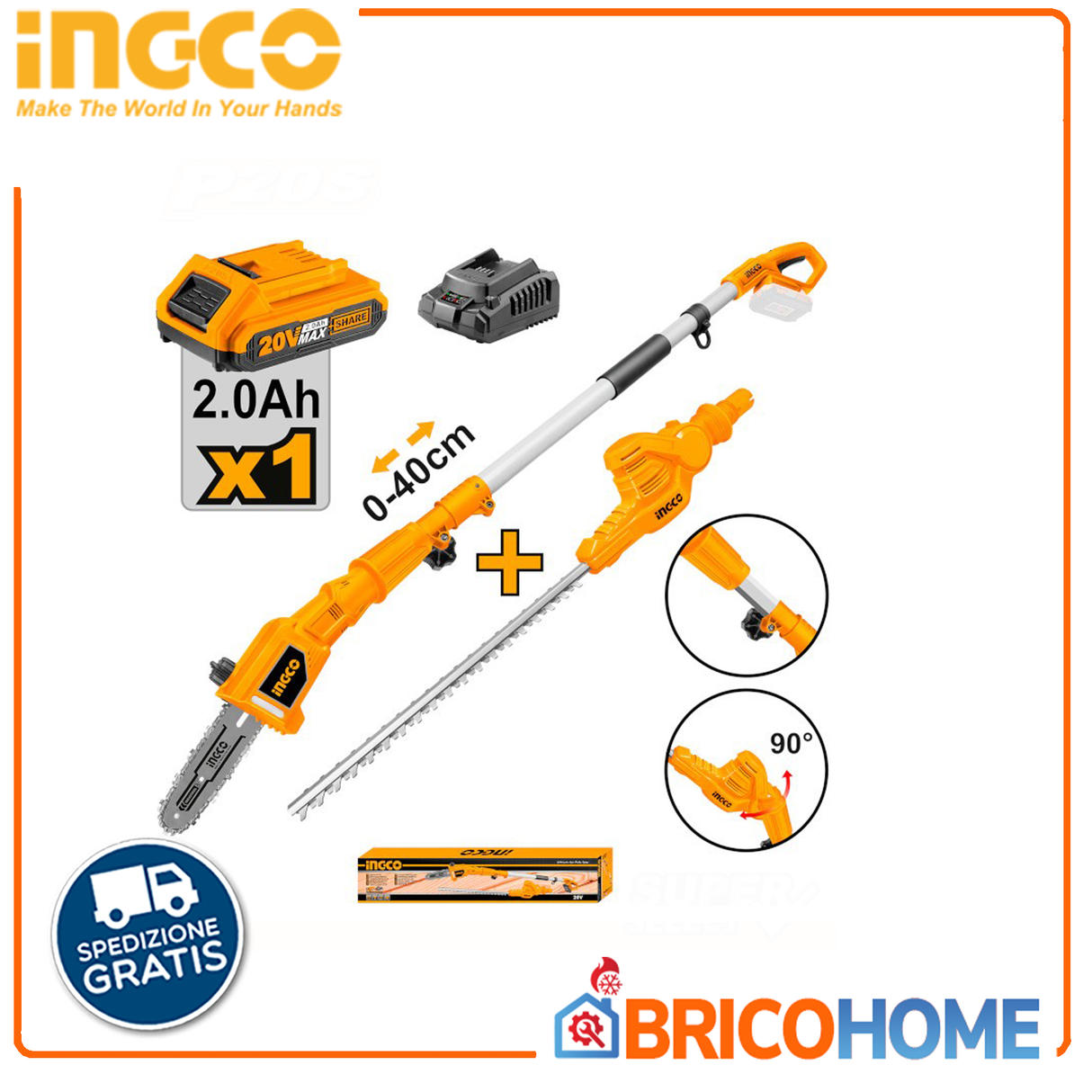 INGCO Set Tagliasiepi + Sega Potatore con asta telescopica a batteria 20V 2,0Ah