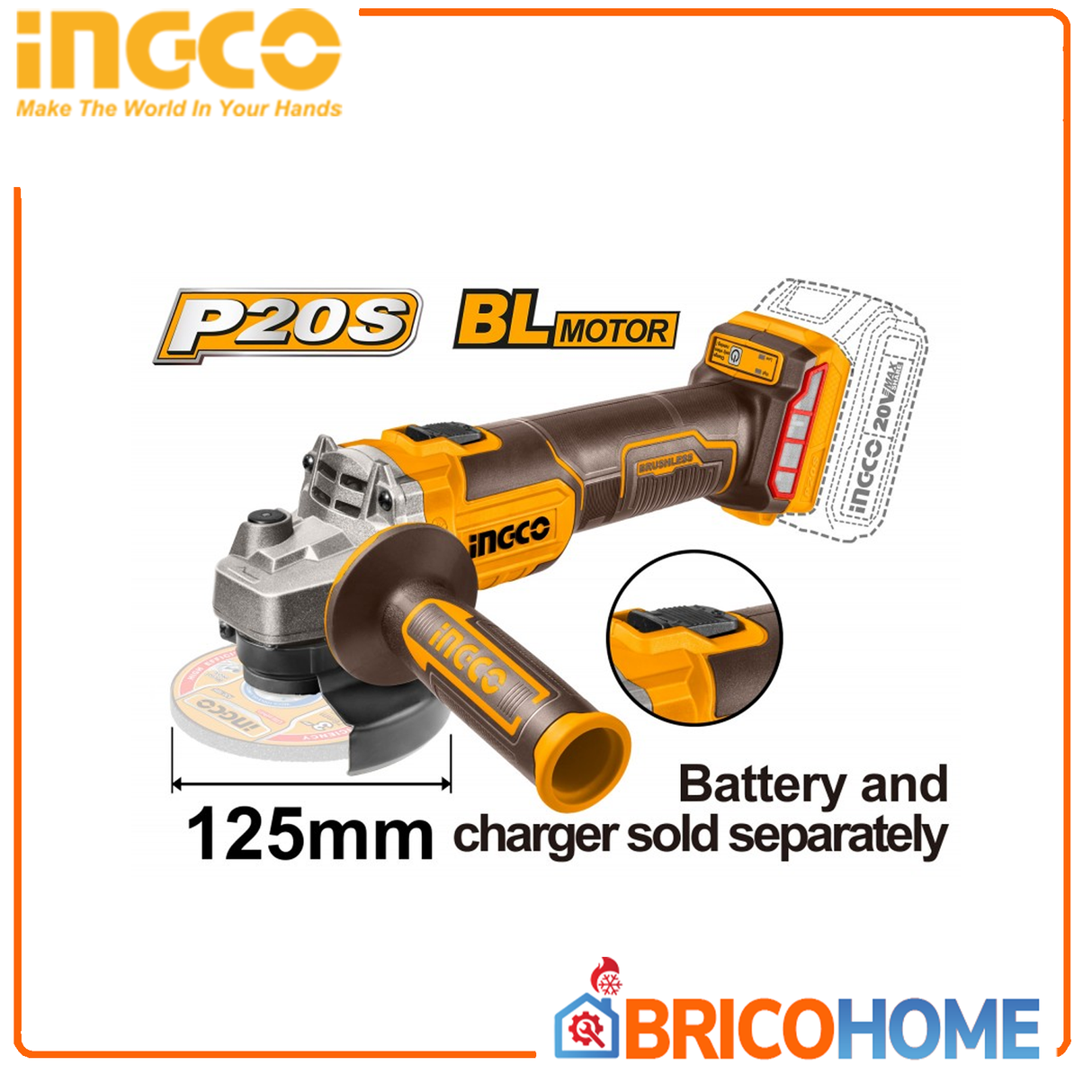 INGCO Smerigliatrice angolare 125mm a batteria 20V Brushless Solo Corpo
