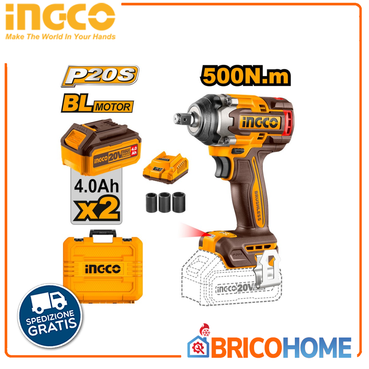Avvitatore ad impulsi 1/2'' 500Nm con 2 batterie 20V 4Ah in valigetta - INGCO