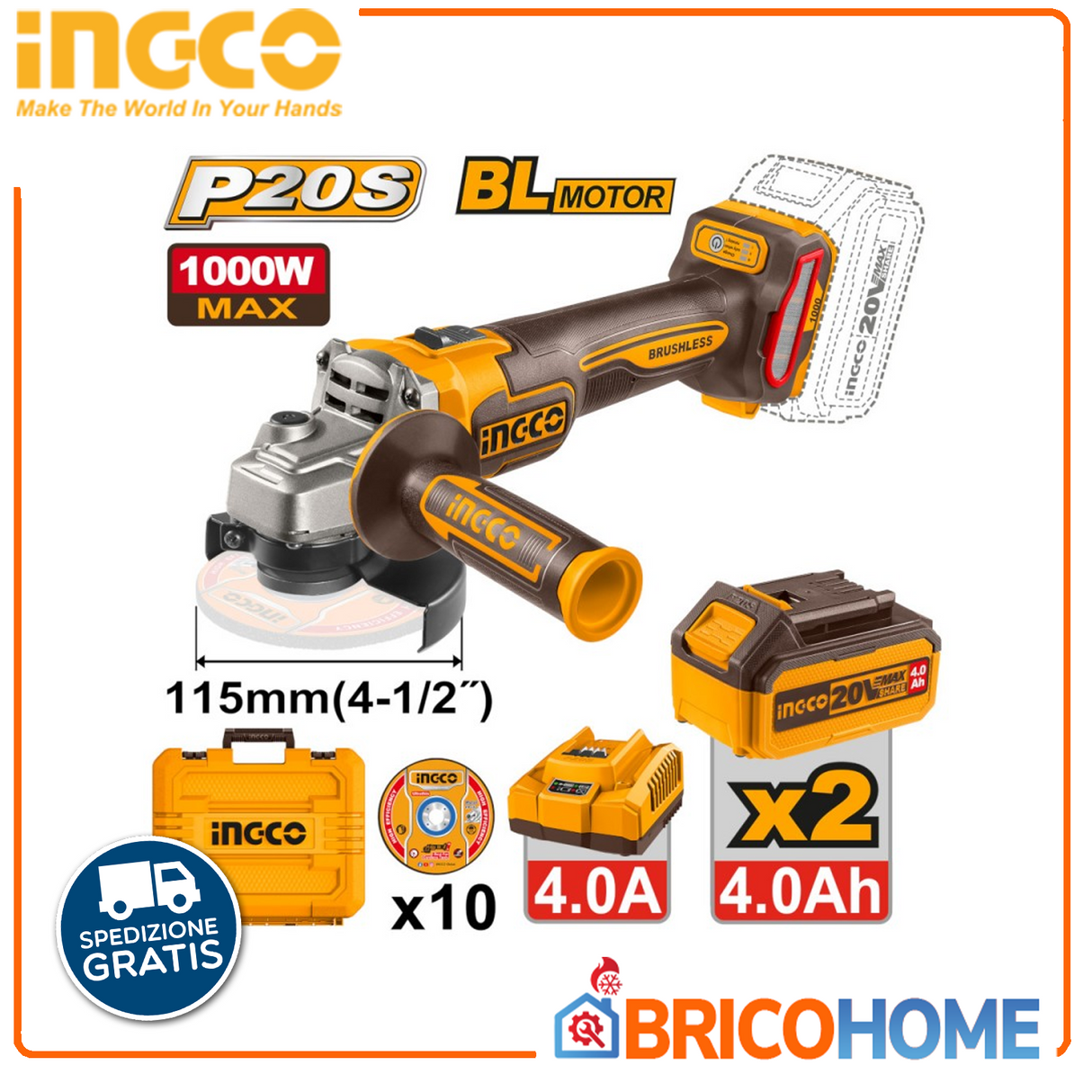 INGCO Smerigliatrice angolare brushless 115mm 20V 1000W con 2 batterie + 10 dischi in valigetta