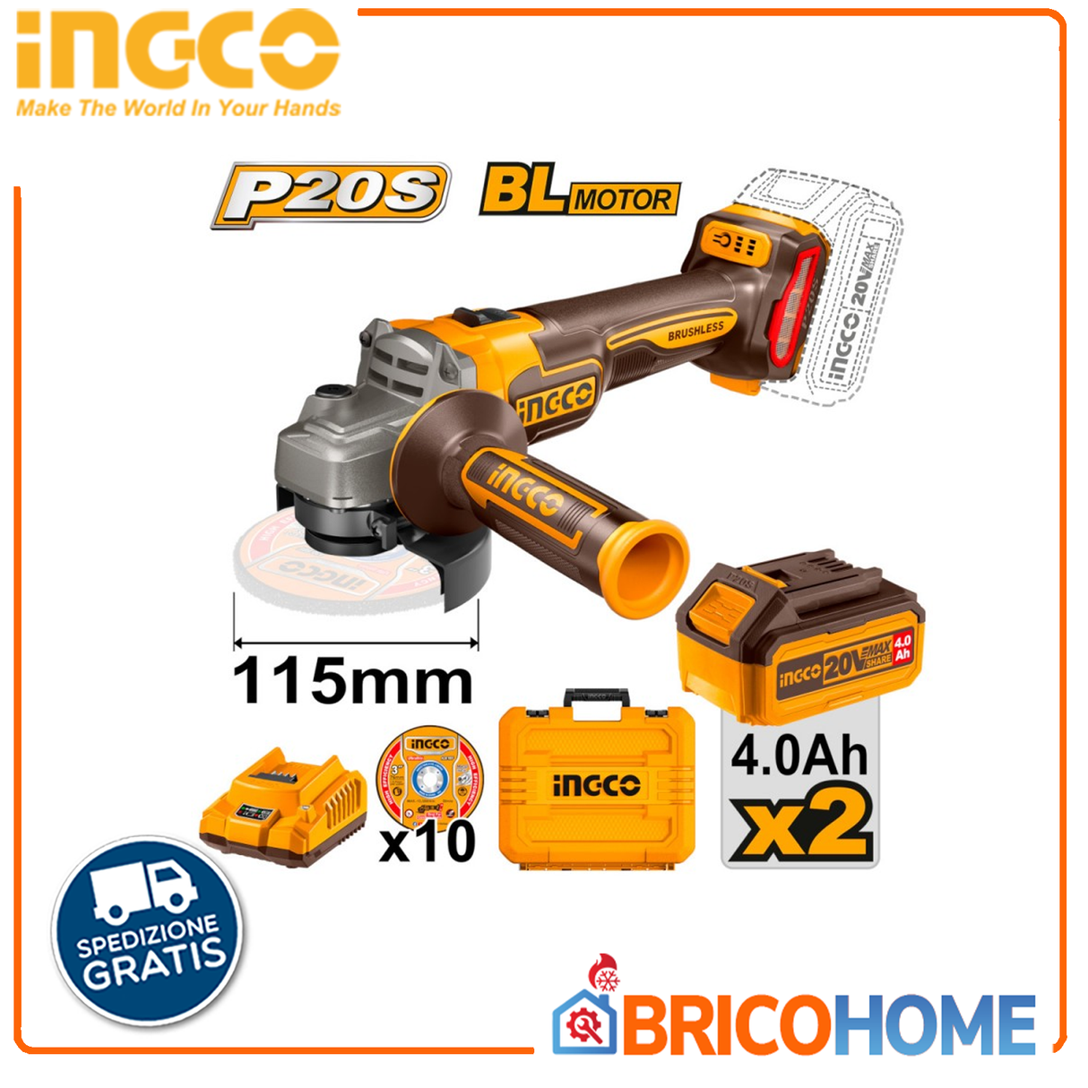 INGCO Smerigliatrice angolare 115mm 20V  con 2 batterie + 10 dischi in valigetta