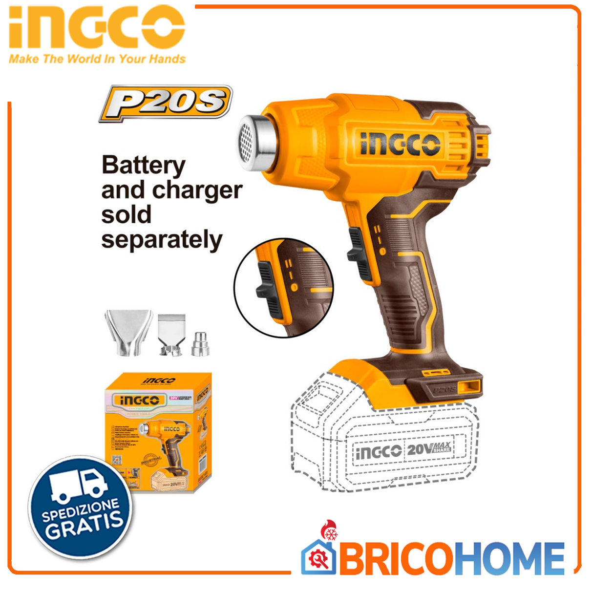 20-V-Thermogebläse ohne Batterie (nur Gehäuse) – INGCO