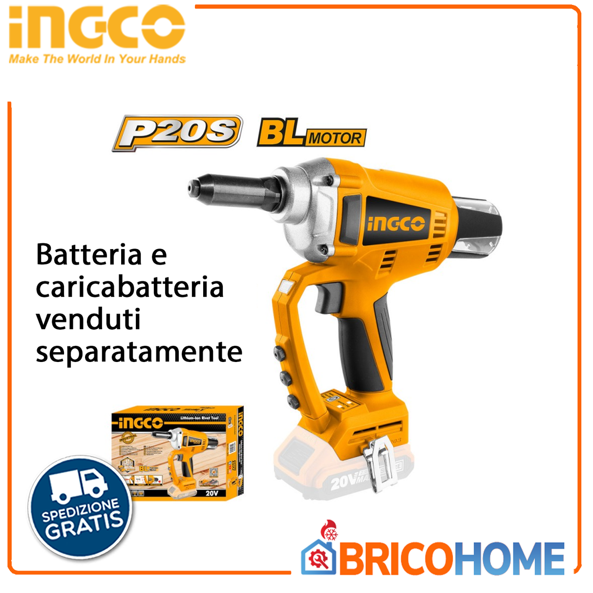 INGCO batteriebetriebenes 20-V-Nacktnietgerät (nur Gehäuse).