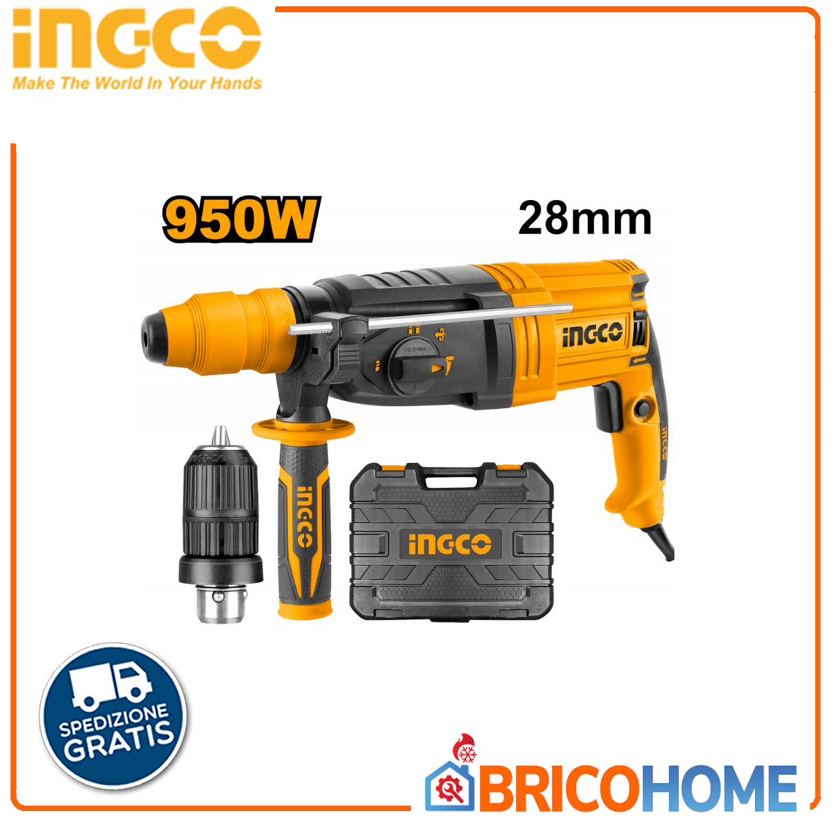 950-W-Bohrhammer mit Doppelspindel und Zubehör – INGCO