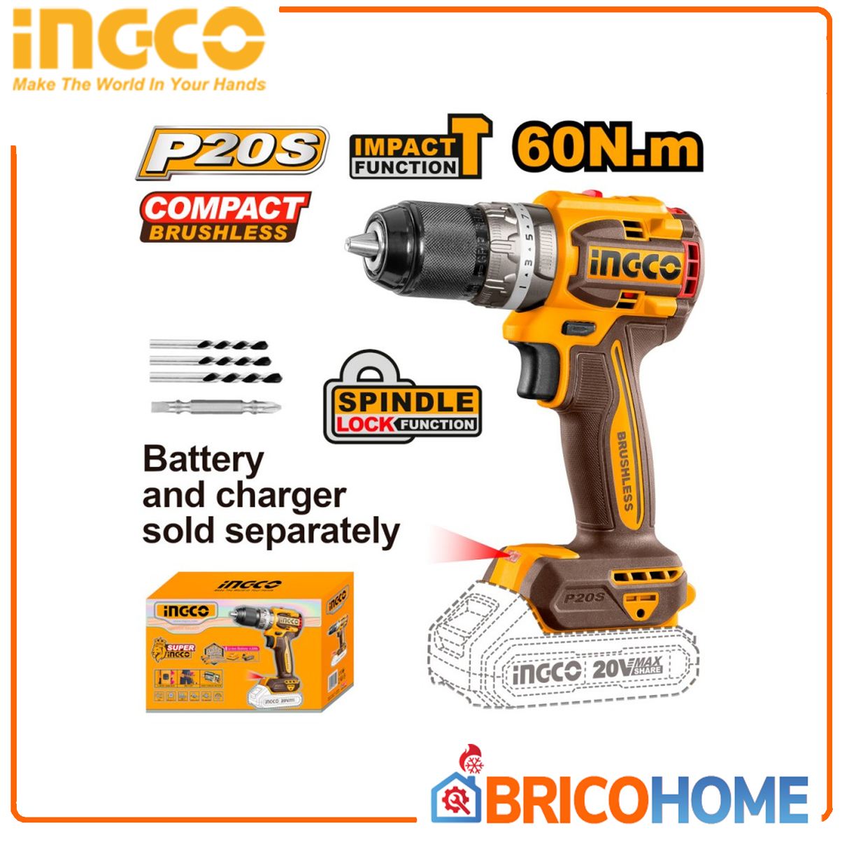KOMPAKTER Bohrschrauber mit Schlagwerk 20V 60Nm BÜRSTENLOS, blank (nur Gehäuse) - INGCO