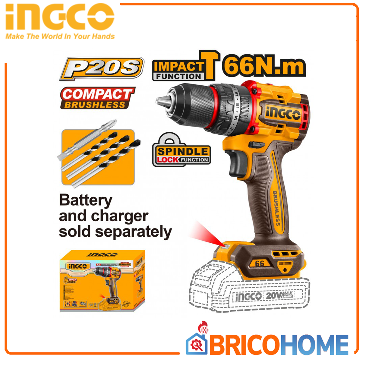 INGCO Trapano Avvitatore COMPACT con percussione 20V 66Nm BRUSHLESS nudo ( solo corpo )