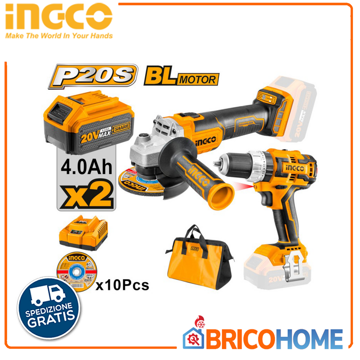 Ingco Kit – Bohrmaschine + Schleifmaschine 20 V mit 2 Batterien + Akkuladung. + Schallplatten + INGCO-Tasche