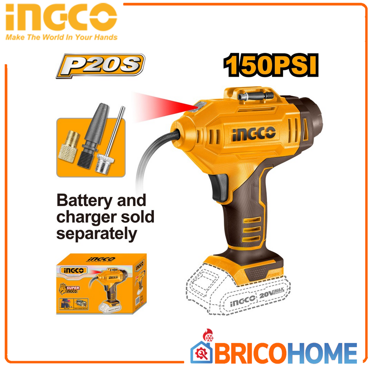 INGCO Compressore portatile 20V con luce LED nudo ( solo corpo )