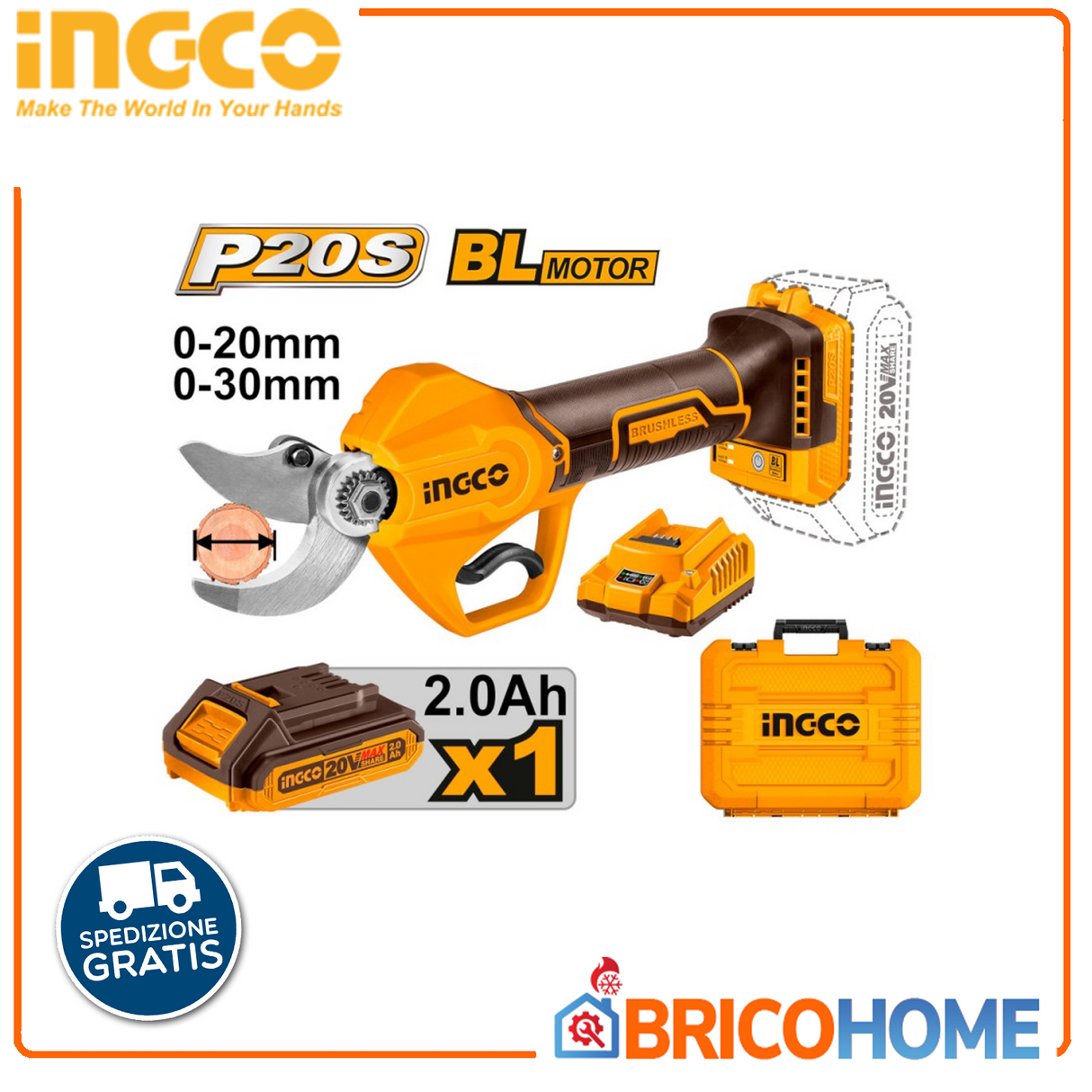 INGCO Forbici da pota a batteria 20V con batteria e carica batteria - taglio Ø30