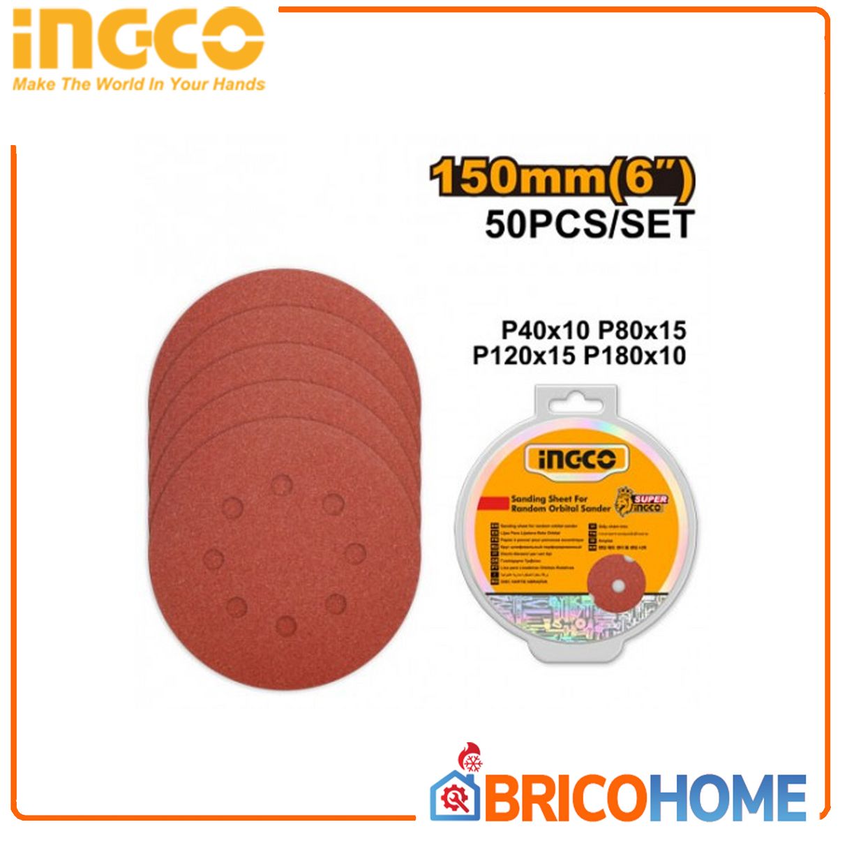 INGCO Set 50 Dischi Abrasivi Ø150 mm per Levigatrice Orbitale