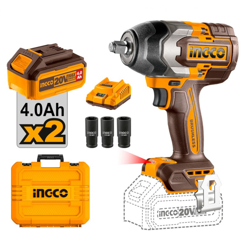 Schlagschrauber 1/2'' 850 Nm mit 2 20V 4Ah Batterien im Koffer - INGCO